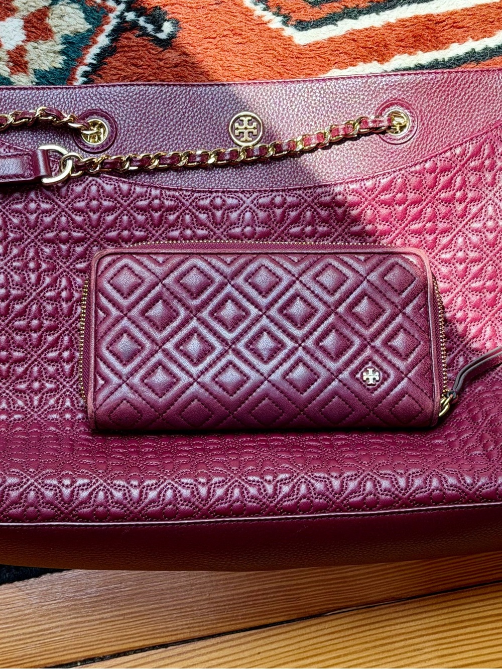 Tory Burch Quilted Tote & Zip Wallet Bundle in Deep Berry- Preloved!